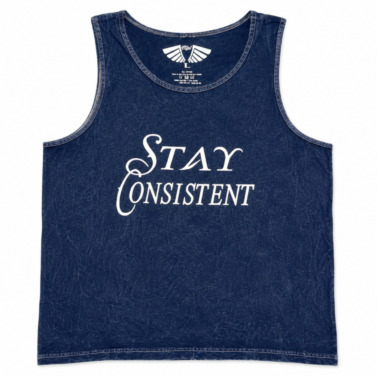 Navy tank top with 'Stay Consistent' text on a white background