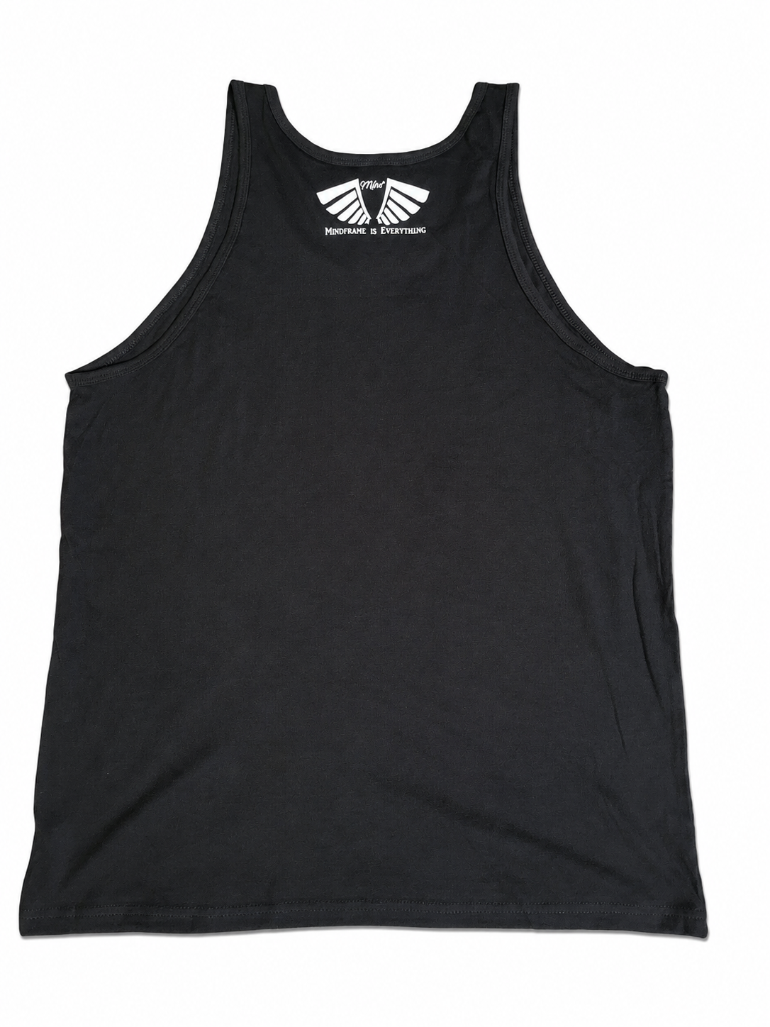 Back view of MFIET A Failure to Plan Is a Plan to Fail™ tank top in Mastermind Black featuring Mindframe Is Everythang branding on the upper back.