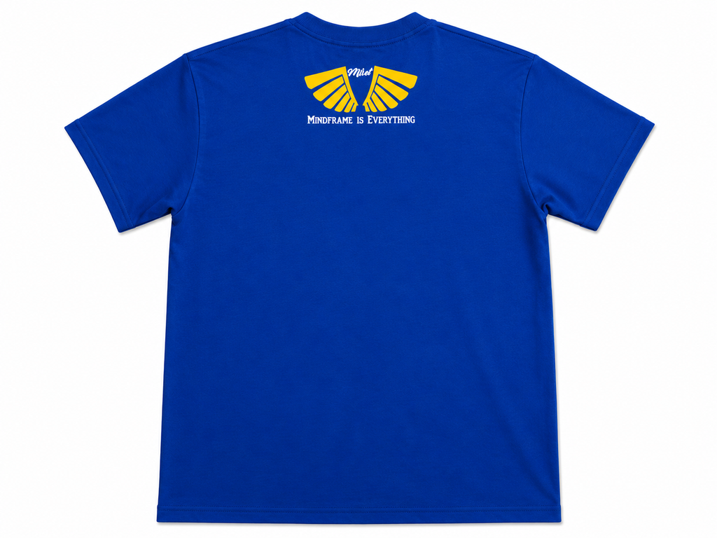 Back view of MFIET Common $ense heavyweight t-shirt in Blueprint Blue with Mindframe Is Everythang logo branding.