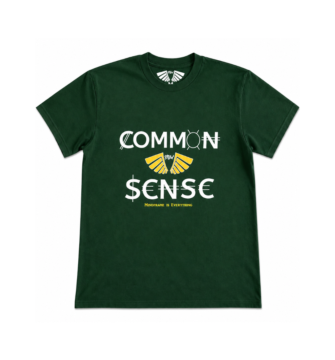 MFIET Common $ense heavyweight t-shirt in Prosperity Green featuring wealth and financial mindset graphic.