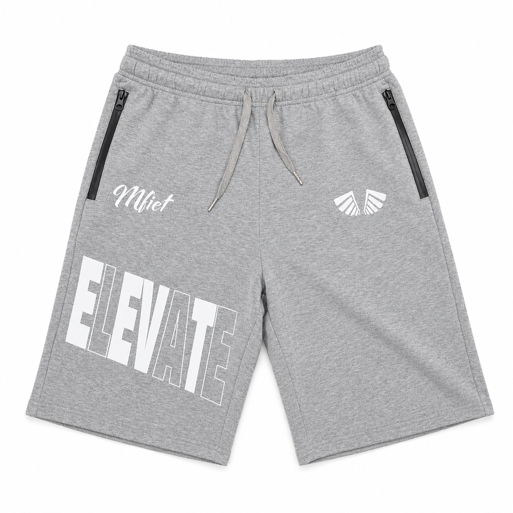 MFIET ELEVATE reflective jogger shorts in Clarity Grey featuring reflective graphics and zippered pockets.