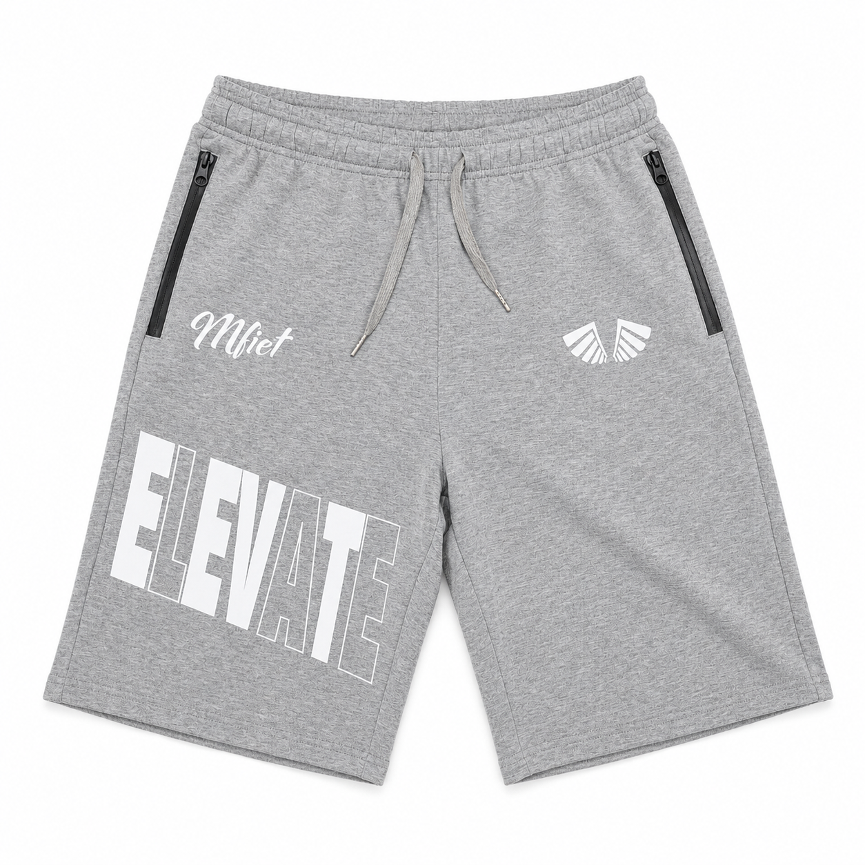 MFIET ELEVATE reflective jogger shorts in Clarity Grey featuring reflective graphics and zippered pockets.