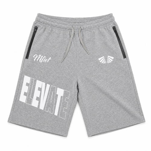 MFIET ELEVATE reflective jogger shorts in Clarity Grey featuring reflective graphics and zippered pockets.