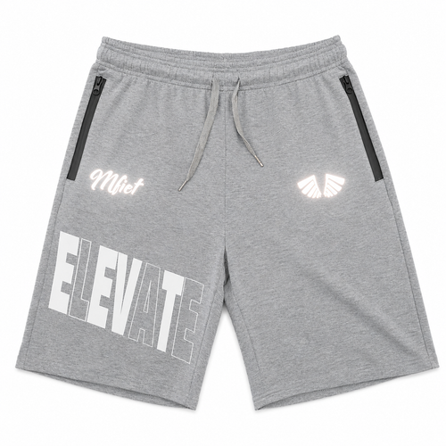 MFIET ELEVATE reflective jogger shorts in Clarity Grey featuring reflective graphics and zippered pockets.