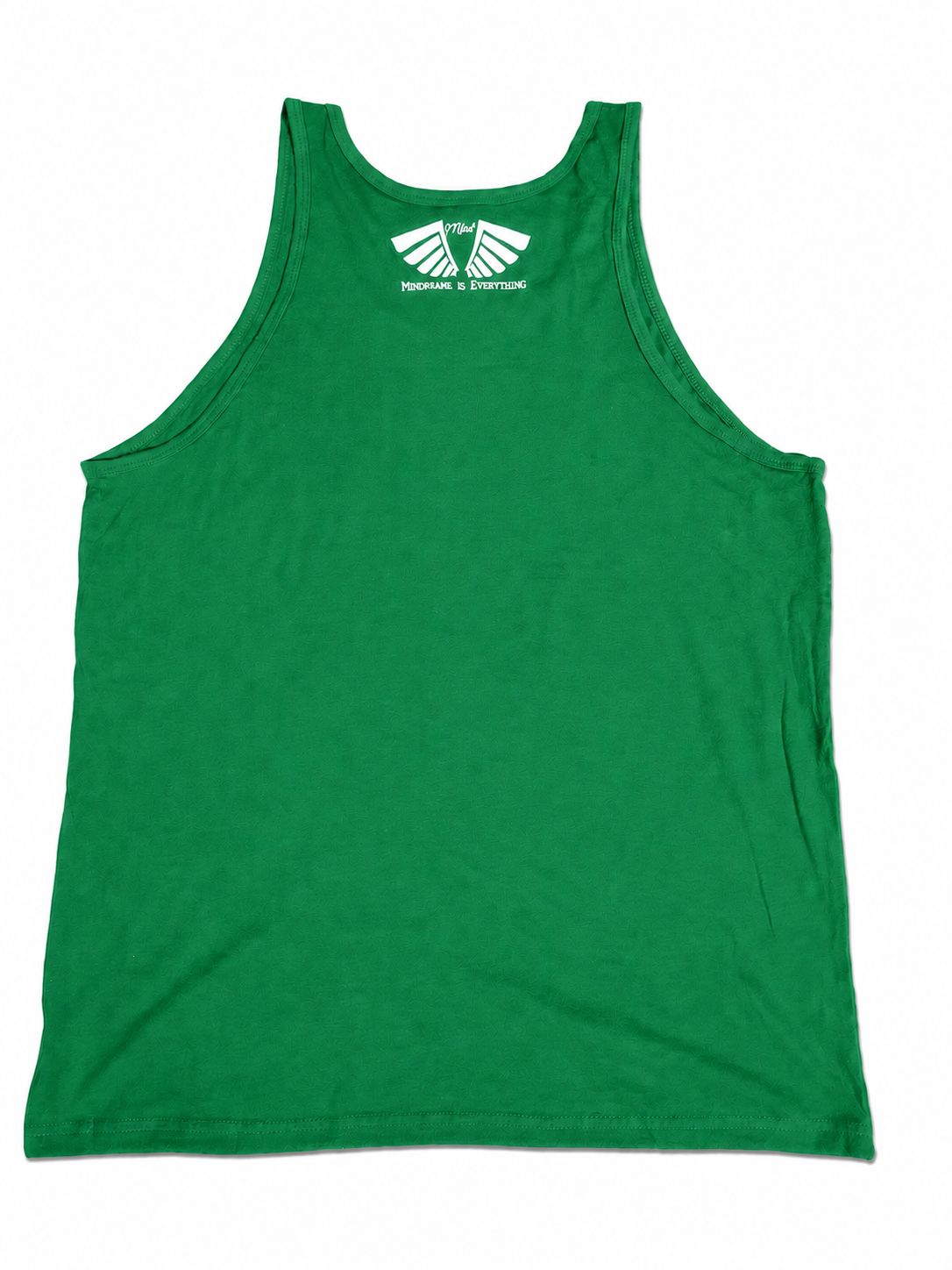 Back view of MFIET A Failure to Plan Is a Plan to Fail™ tank top in Wealth Builder Green featuring Mindframe Is Everythang branding on the upper back.