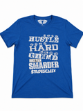 MFIET Hustle Hard Grind Smarder graphic T-shirt in Blueprint Blue featuring white distressed typography, money graphics, and motivational streetwear design.