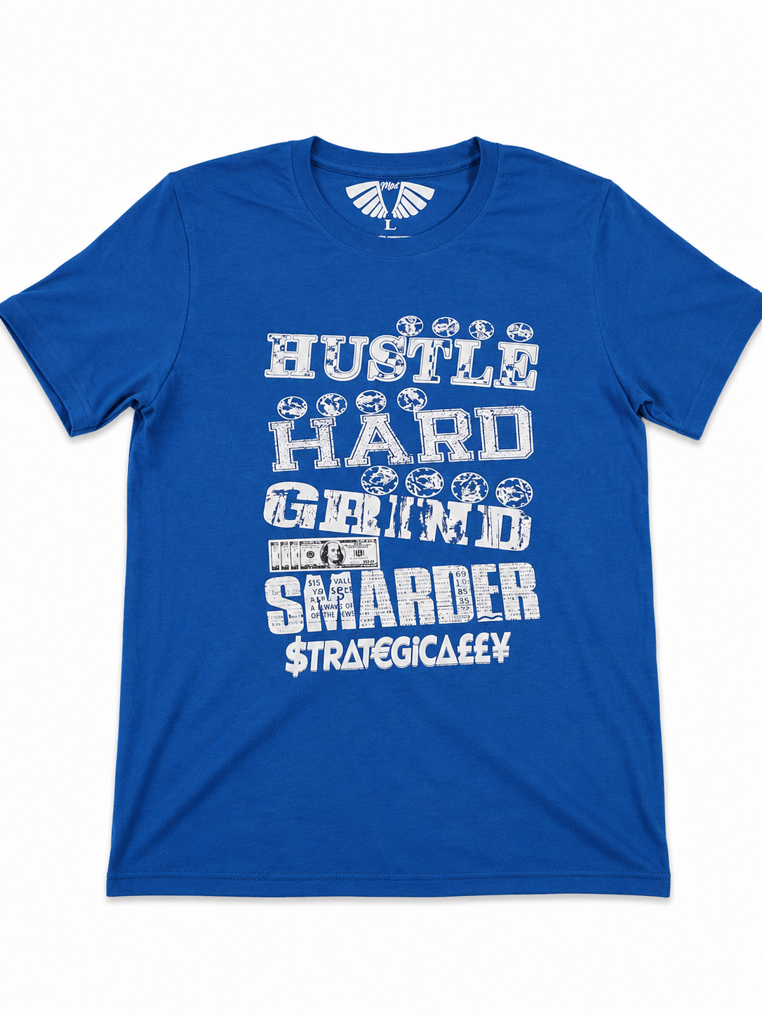 MFIET Hustle Hard Grind Smarder graphic T-shirt in Blueprint Blue featuring white distressed typography, money graphics, and motivational streetwear design.