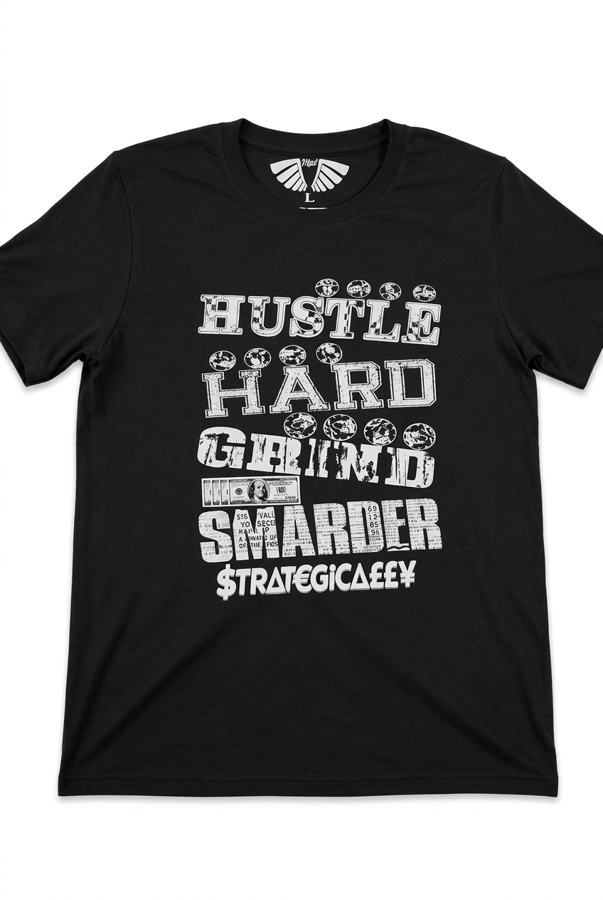 MFIET Hustle Hard Grind Smarder graphic T-shirt in Mastermind Black featuring bold distressed lettering and money-inspired artwork on the front.