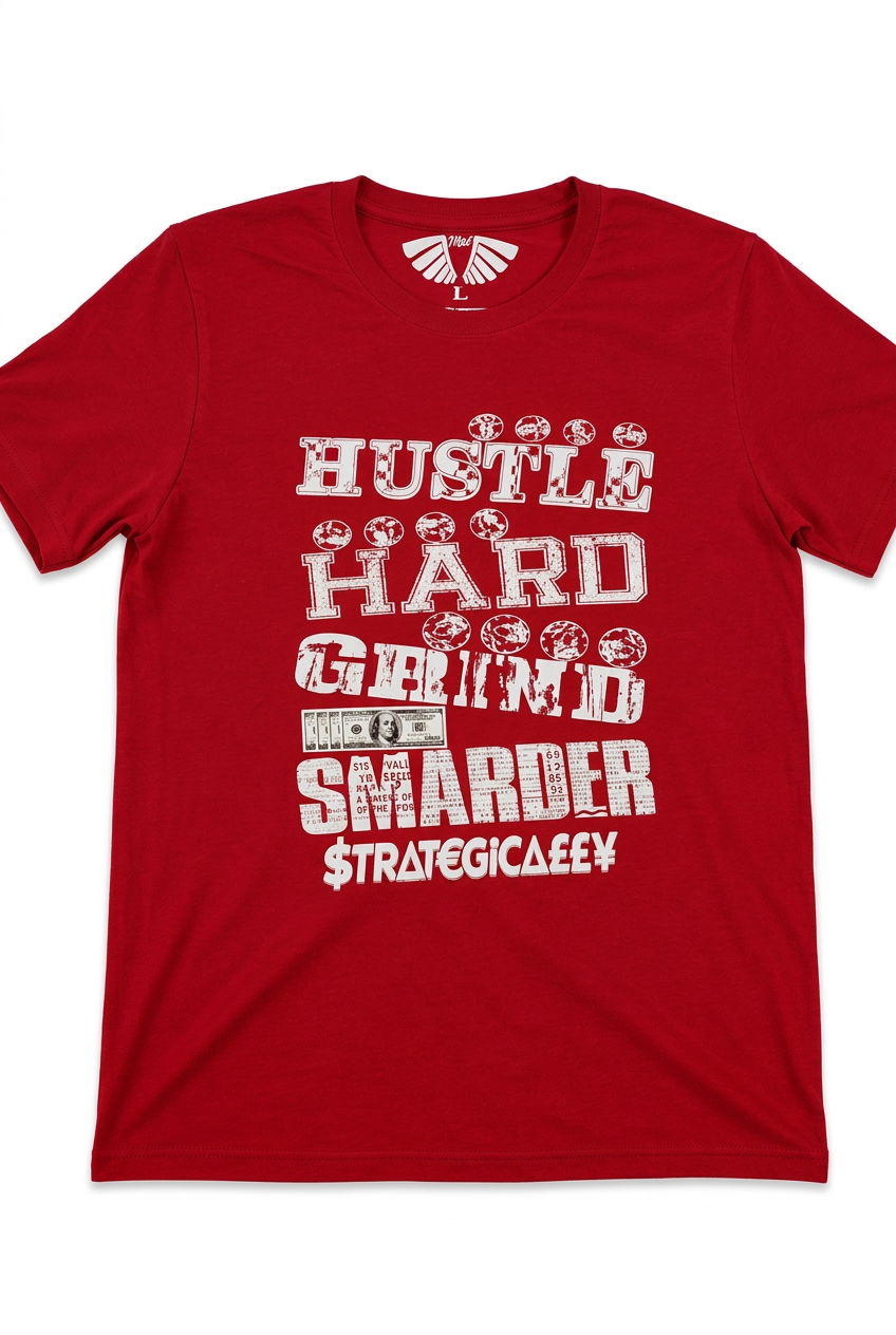 MFIET Hustle Hard Grind Smarder graphic T-shirt in red featuring bold distressed lettering, money-inspired graphics, and a motivational hustle design.