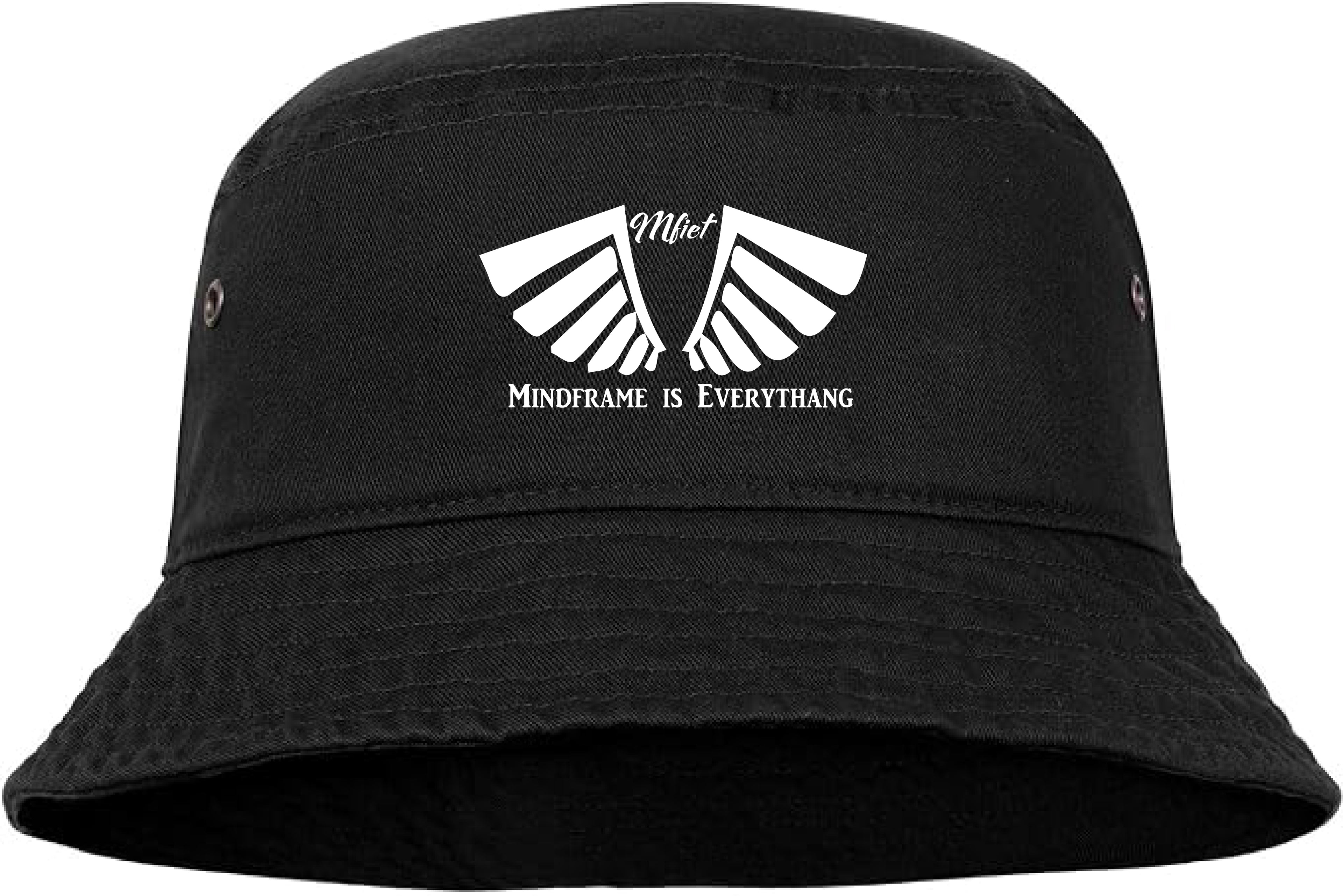 MFIET Mindframe Is Everythang black bucket hat featuring the signature wing logo printed in white on the front. Premium unisex streetwear accessory designed for everyday wear, fitness, and lifestyle.