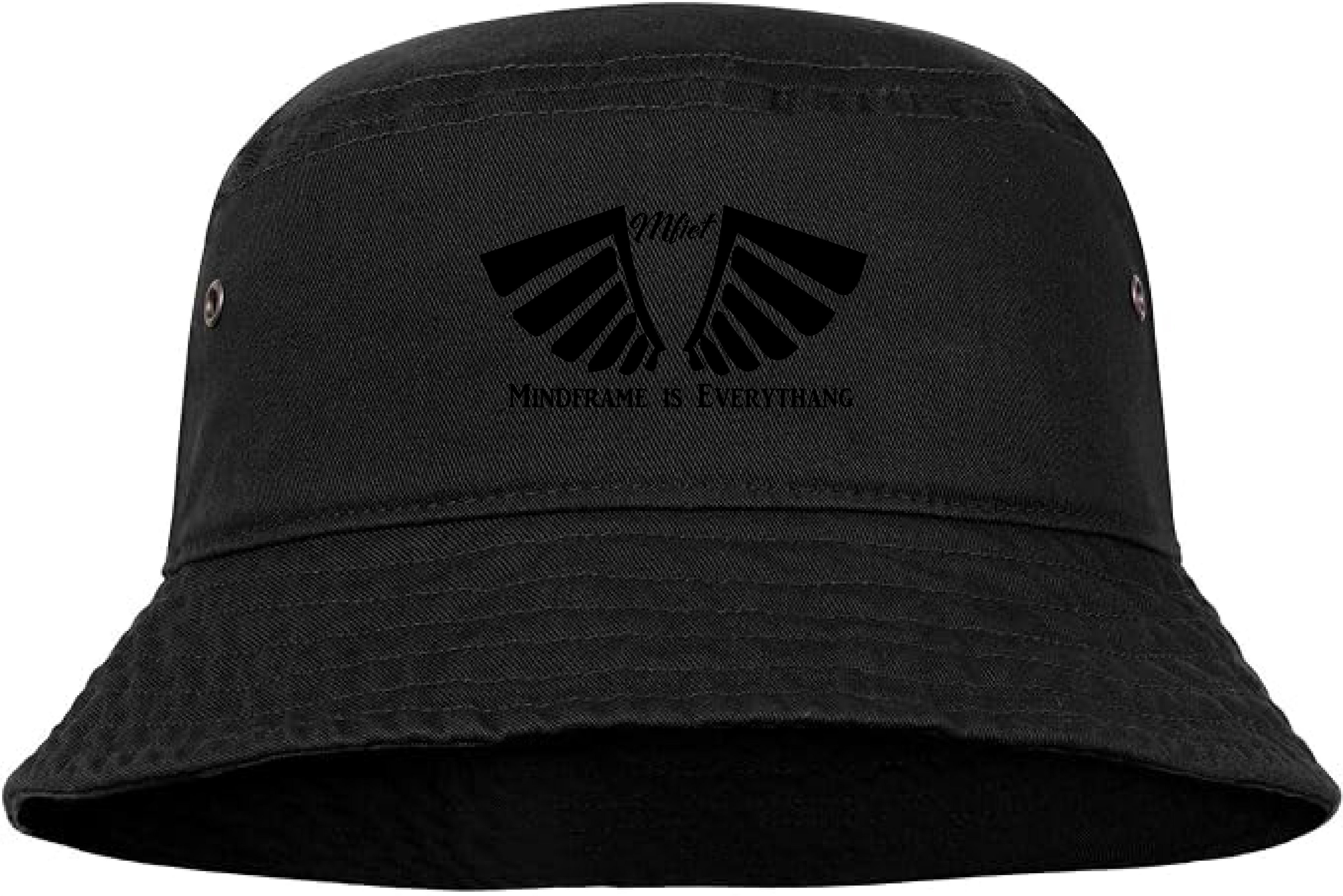 MFIET Mindframe Is Everythang black bucket hat featuring the signature wing logo printed on the front. Premium unisex streetwear accessory designed for everyday wear, fitness, and lifestyle.
