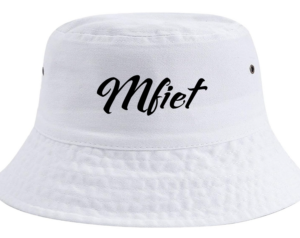 MFIET Mindframe Is Everythang white bucket hat featuring the signature logo printed on the front. Premium unisex streetwear accessory designed for everyday wear, fitness, and lifestyle.