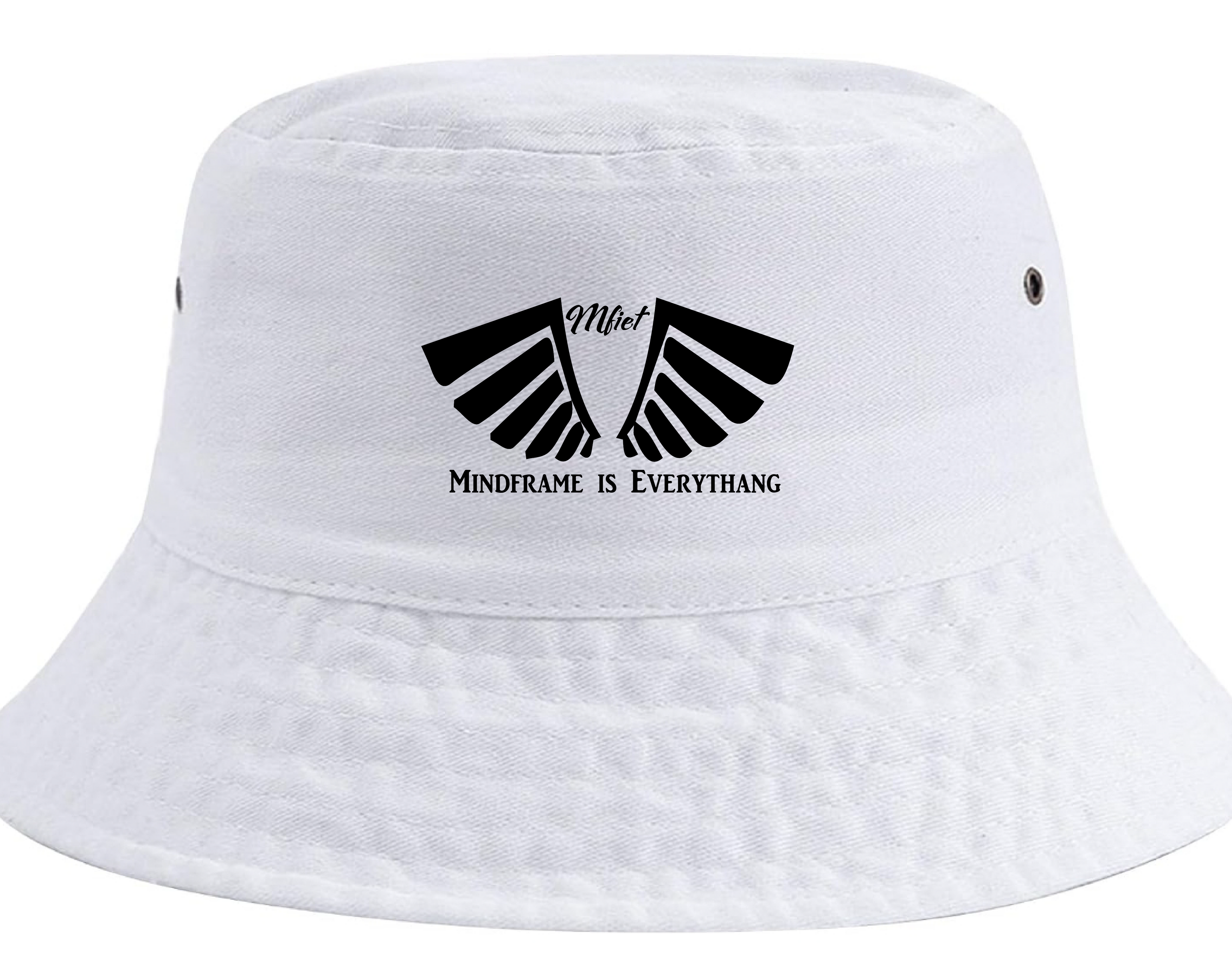 MFIET Mindframe Is Everythang white bucket hat featuring the signature wing logo printed on the front. Premium unisex streetwear accessory designed for everyday wear, fitness, and lifestyle.