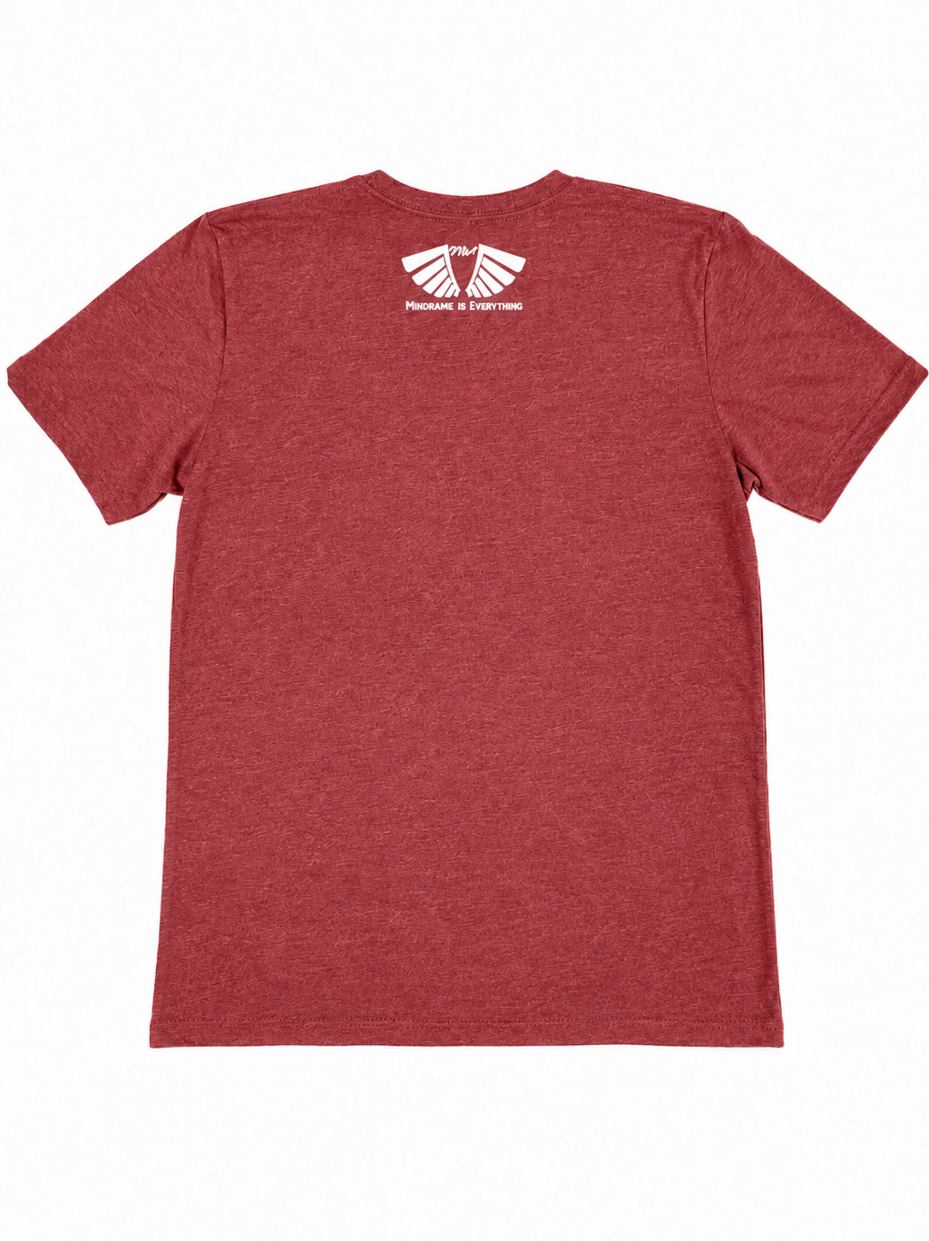 Back view of MFIET Nothing Less Than Progress t-shirt in Ambition Cardinal featuring Mindframe Is Everythang logo branding.
