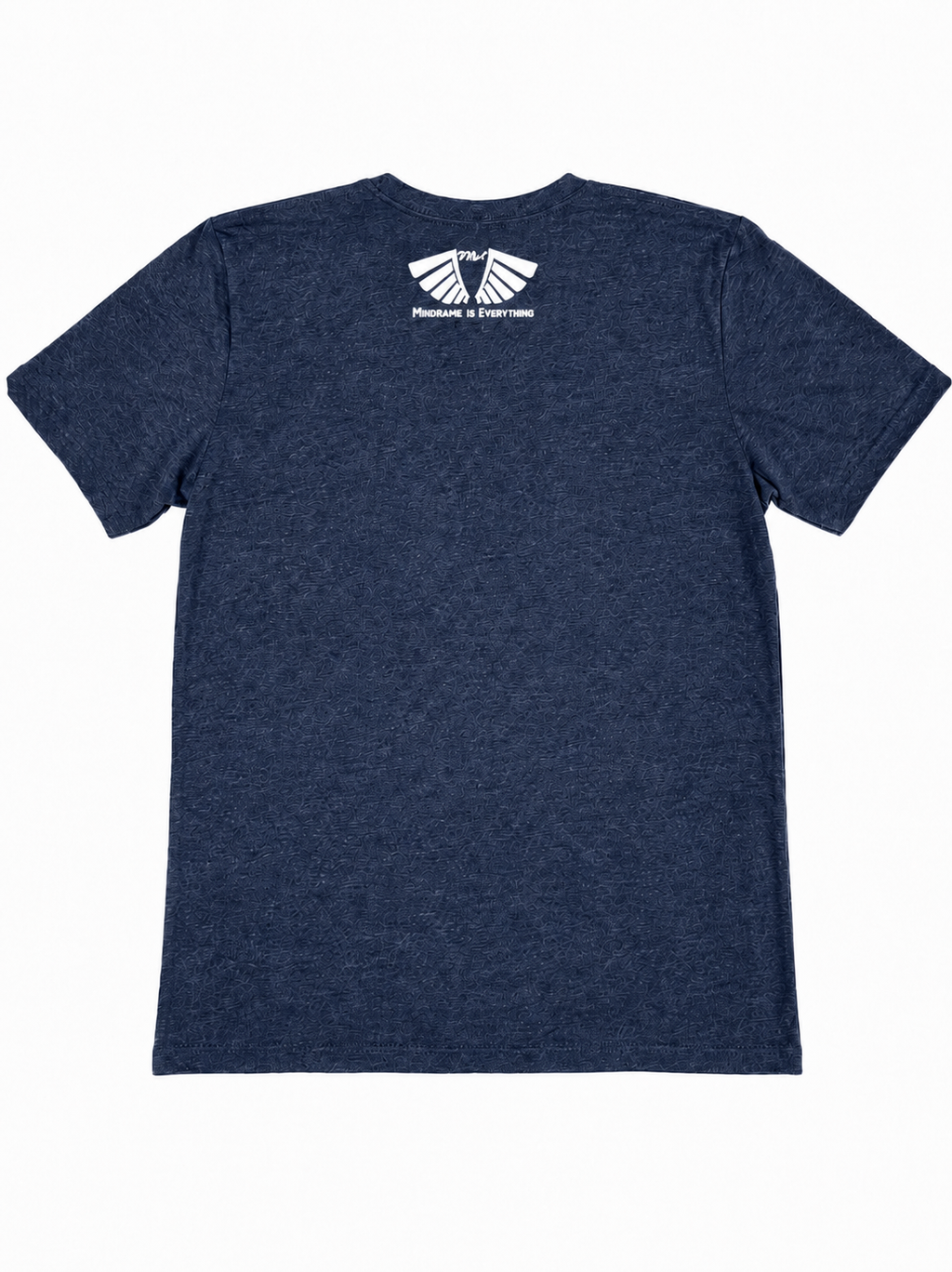 Back view of MFIET Nothing Less Than Progress t-shirt in Visionary Navy with Mindframe Is Everythang logo branding.