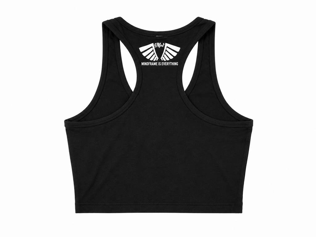 MFIET Stay Consistent crop tank in Mastermind Black featuring motivational consistency graphic and athletic fit for fitness and lifestyle wear.