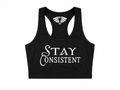MFIET Stay Consistent crop tank in Mastermind Black featuring motivational consistency graphic and athletic fit for fitness and lifestyle wear.