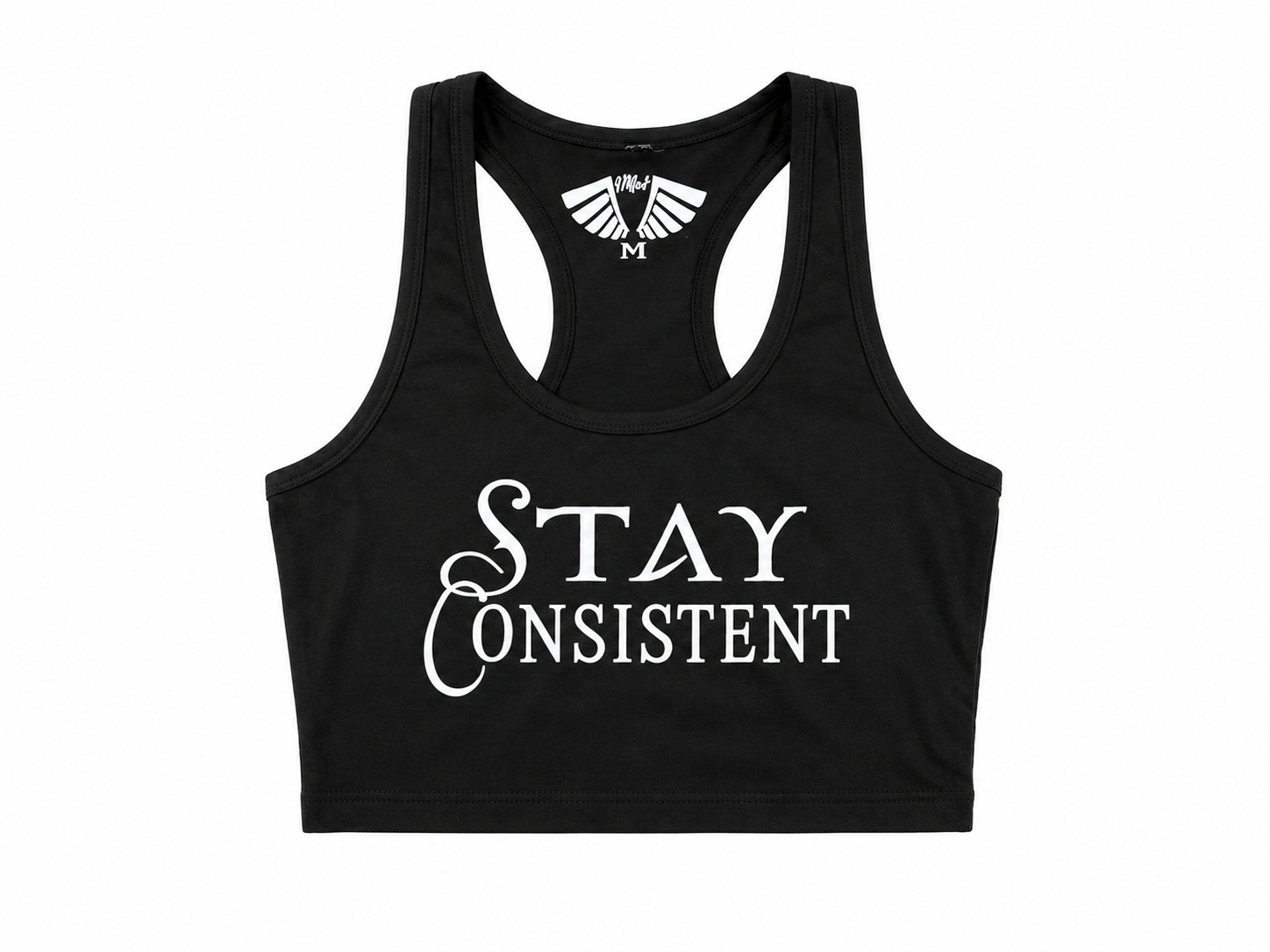 MFIET Stay Consistent crop tank in Mastermind Black featuring motivational consistency graphic and athletic fit for fitness and lifestyle wear.
