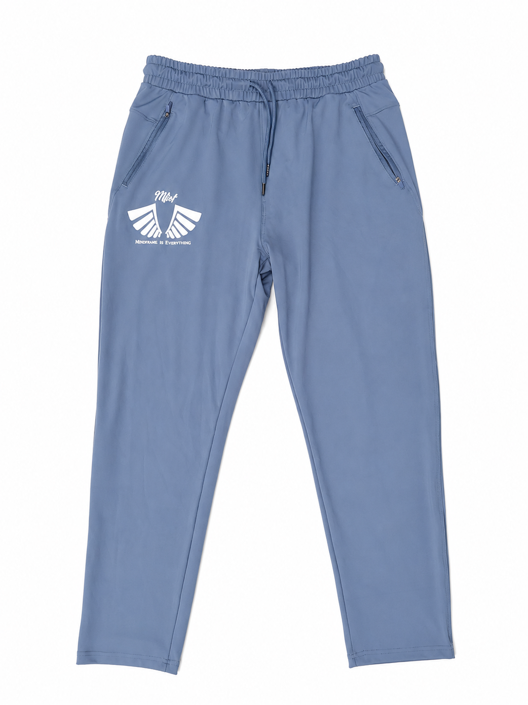 MFIET Stay Consistent performance joggers in vision Blue featuring athletic fit and motivational branding.