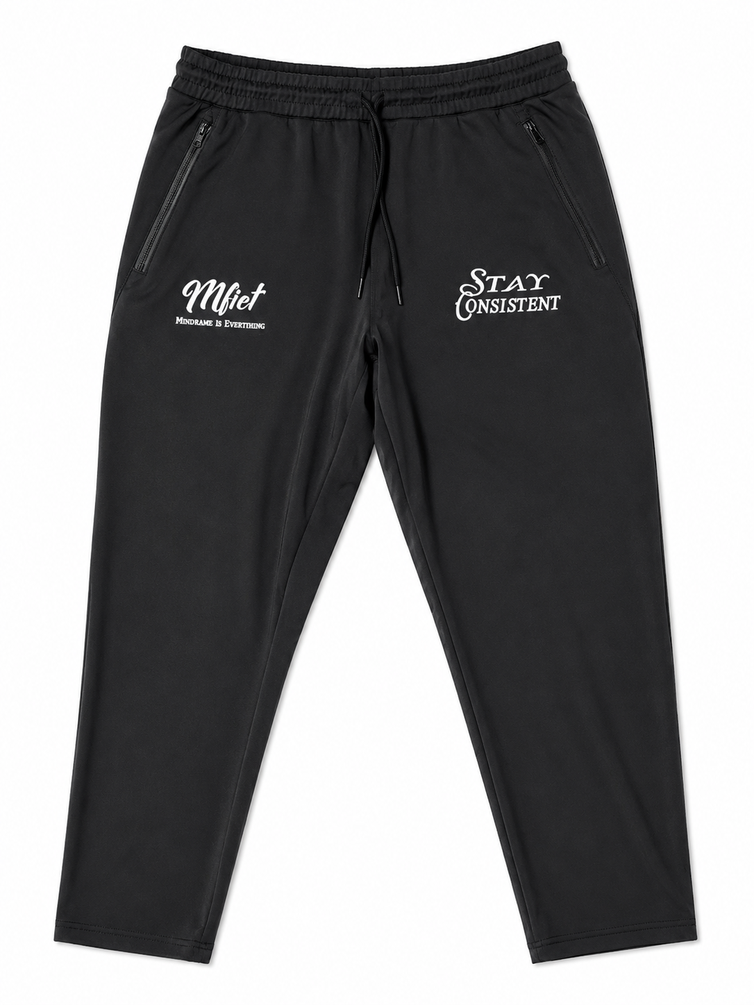 MFIET Stay Consistent performance joggers collection showing Mastermind Black, Blueprint Blue, and Clarity Grey colorways with reflective branding.